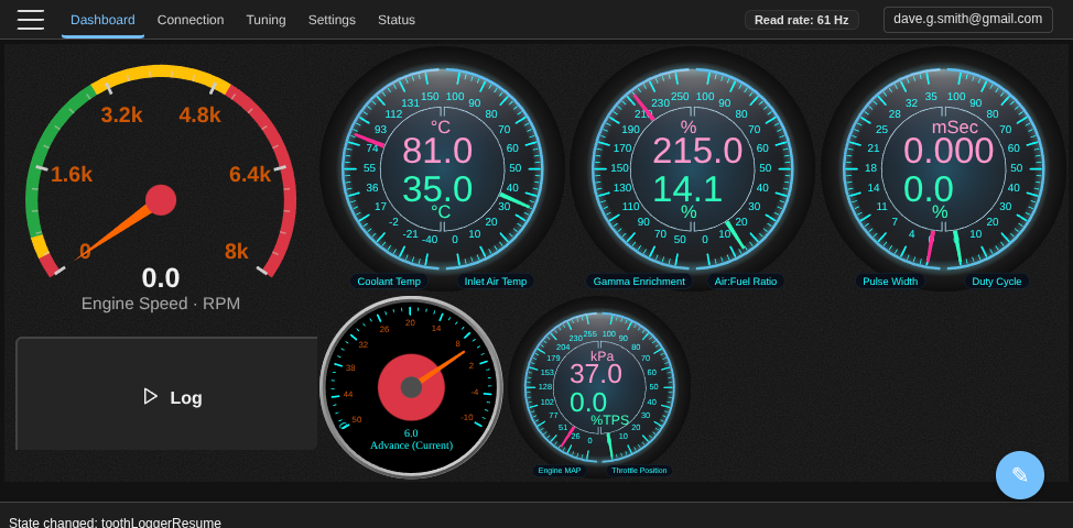 VETuner dashboard showing live gauges in dark mode